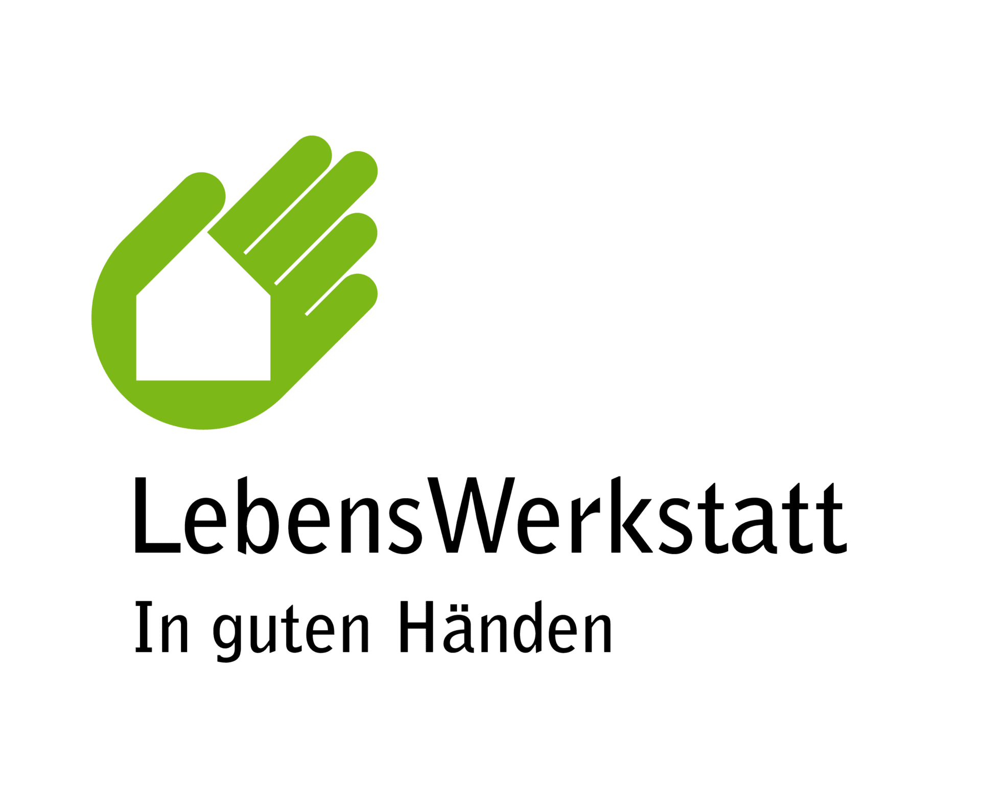 LebensWerkstatt Logo: Grüne Hand umschließt Haus, Claim In guten Händen, Schutzraum für Menschen mit Behinderung.