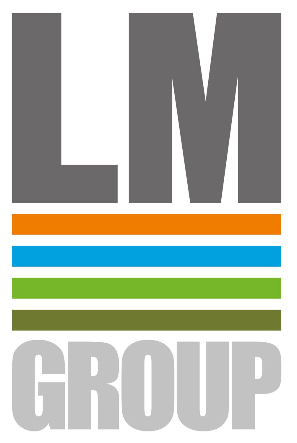 LM Holding GmbH & Co. KG Logo: Grauer Schriftzug LM GROUP mit farbigen Balken in Orange, Blau und Grün.