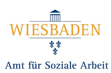 Logo Amt für Soziale Arbeit: stilisierte Fassade, Lilien, Schriftzug Wiesbaden.
