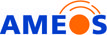 AMEOS_Logo_fu¨rKaro AMEOS Klinikum Logo. Blaues AMEOS Schriftbild mit orangenem Punkt und Bögen.