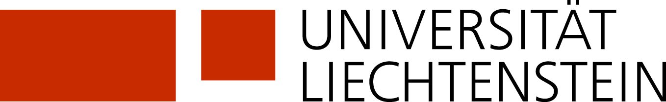Universität Liechtenstein Logo, rote Quadrate, Schriftzug.