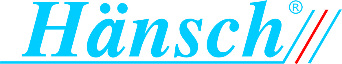 Hänsch Logo: Schriftzug in Blau mit roten und blauen Strichen.