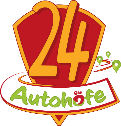 24-Unternehmensgruppe Logo: "24" in Gelb und "Autohöfe" in Grün. Symbol für Raststätten und Service entlang der Autobahn.