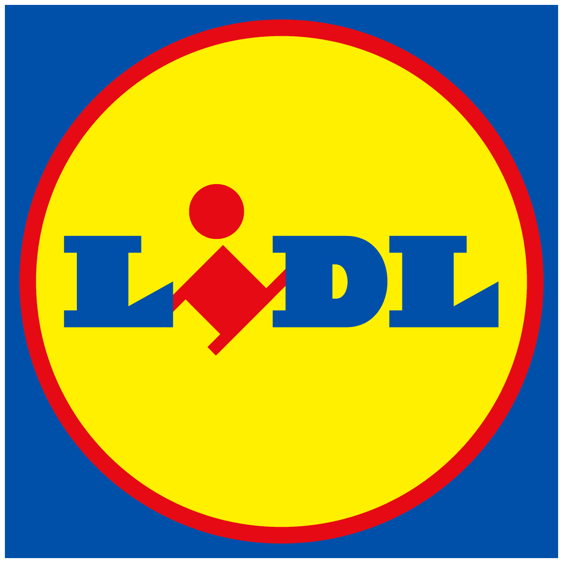 Das Lidl Logo: Ein gelber Kreis mit rotem Rand, darin der Schriftzug "LIDL" in blauer Farbe mit roten Akzenten.