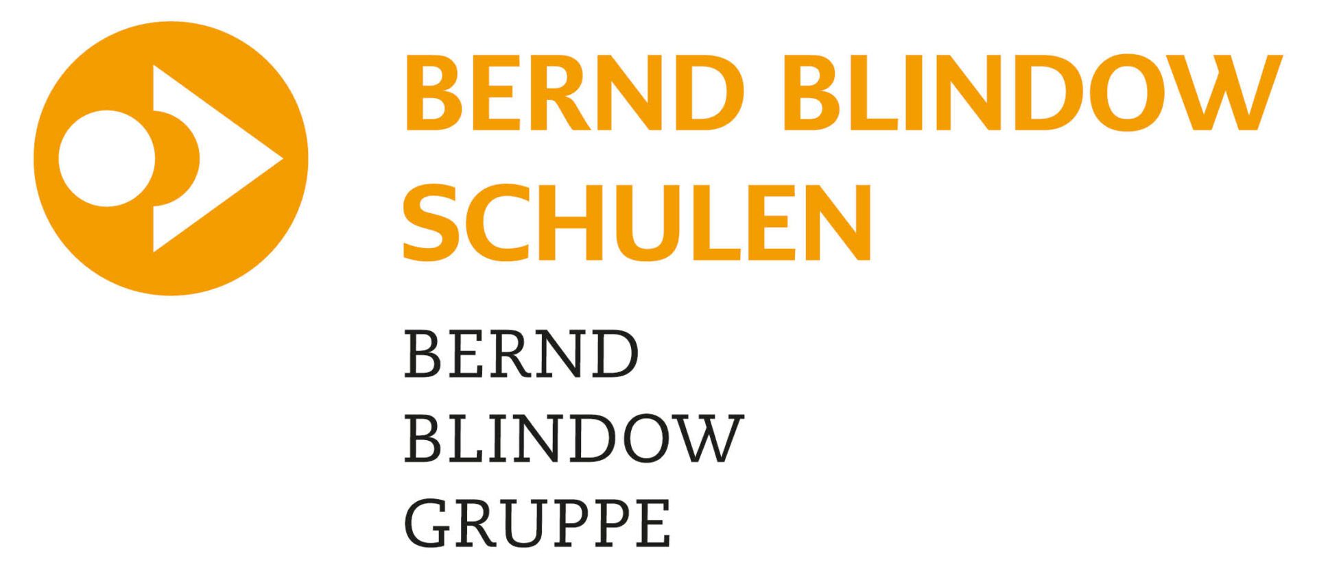 Bernd-Blindow-Schulen Logo, BBS Standard Querformat, gelber Kreis mit Pfeil, Schriftzug Bernd Blindow Schulen/Gruppe