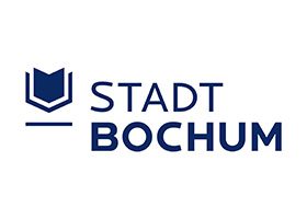 Das Logo der Stadt Bochum zeigt ein stilisiertes offenes Buch und den Schriftzug "STADT BOCHUM" in blauer Farbe.