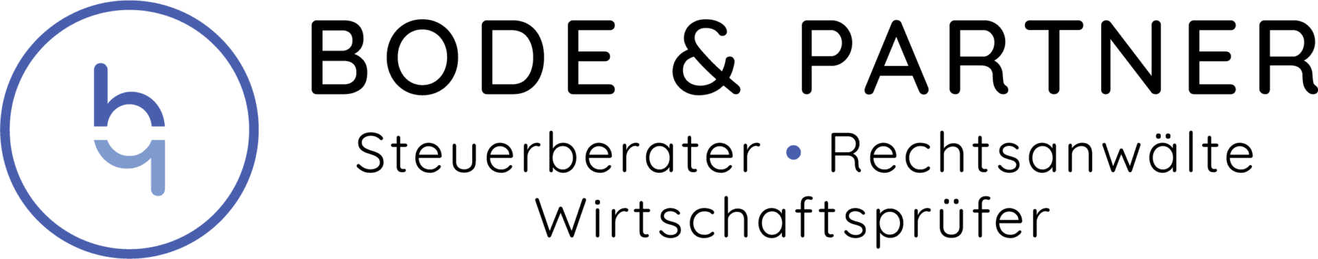 Bode & Partner mbB Logo: Steuerberater, Rechtsanwälte, Wirtschaftsprüfer. Modernes Design mit Initiale in Kreis.