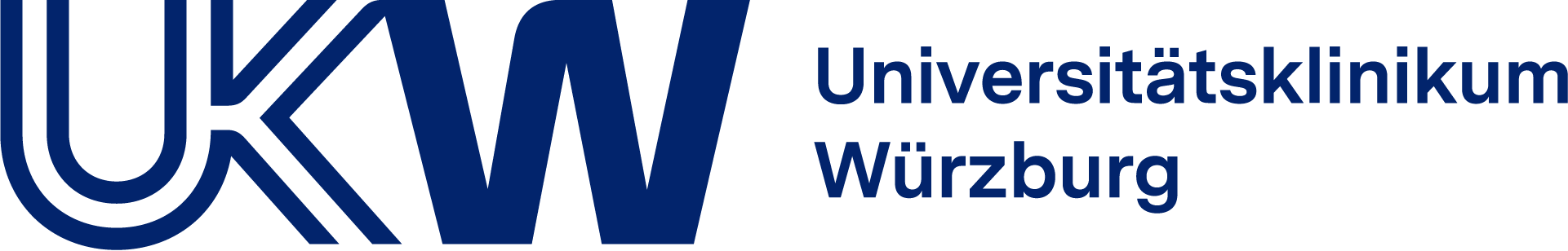 Dunkelblaue Wort-Bild-Marke Universitätsklinikum Würzburg mit großem UKW Schriftzug auf schwarzem Hintergrund