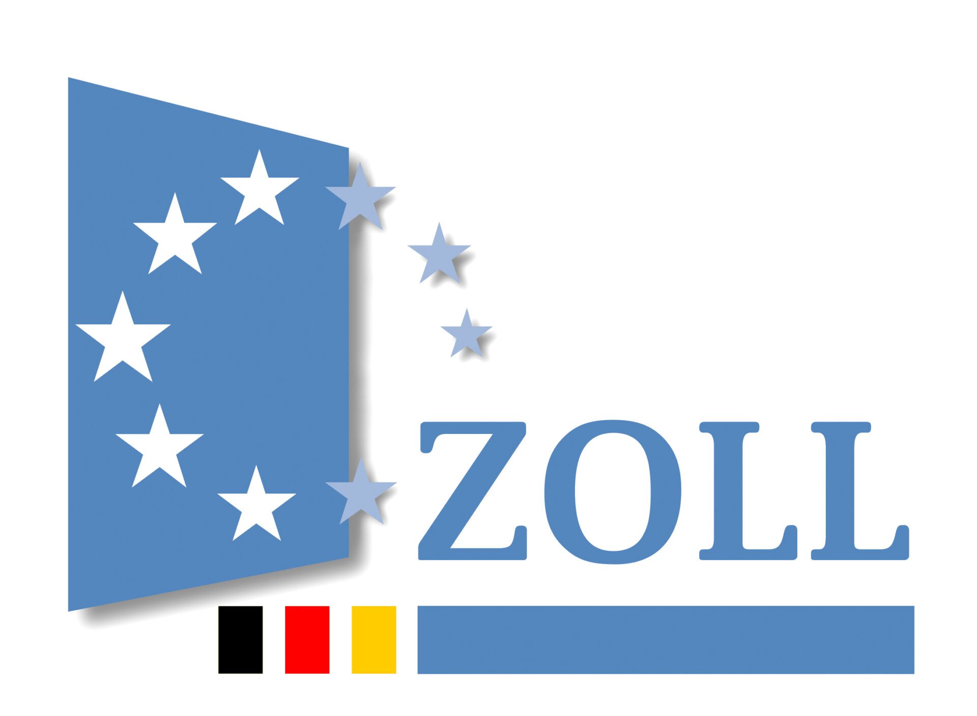 Logo des Hauptzollamts: Blaues Feld mit Sternen, Schriftzug ZOLL und Farben der Bundesflagge.