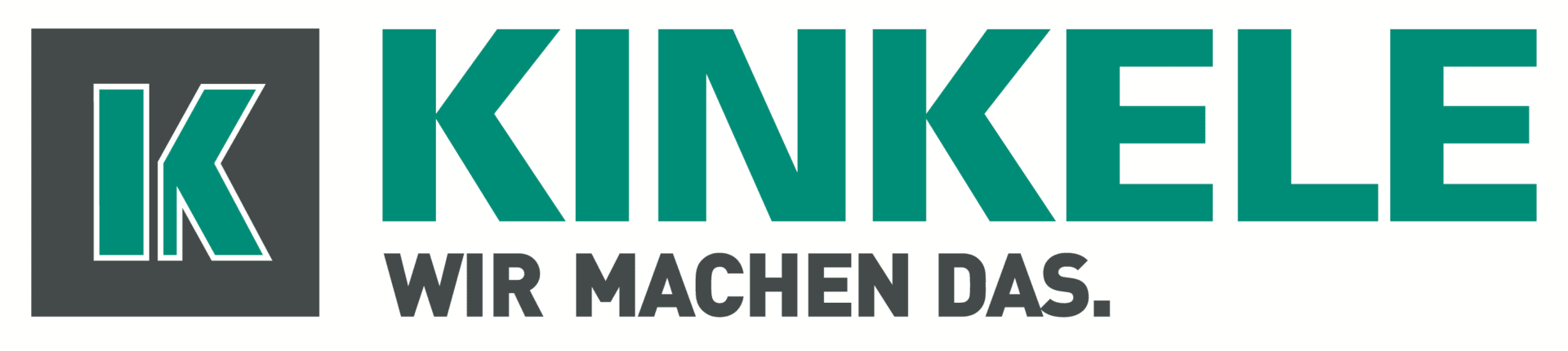 Kinkele Logo: Grünes K im grauen Quadrat, Schriftzug Kinkele und Wir machen das.