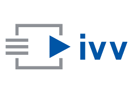 Logo der IVV GmbH, Informationsverarbeitung für Versicherungen, mit blauem Pfeil und Schriftzug.