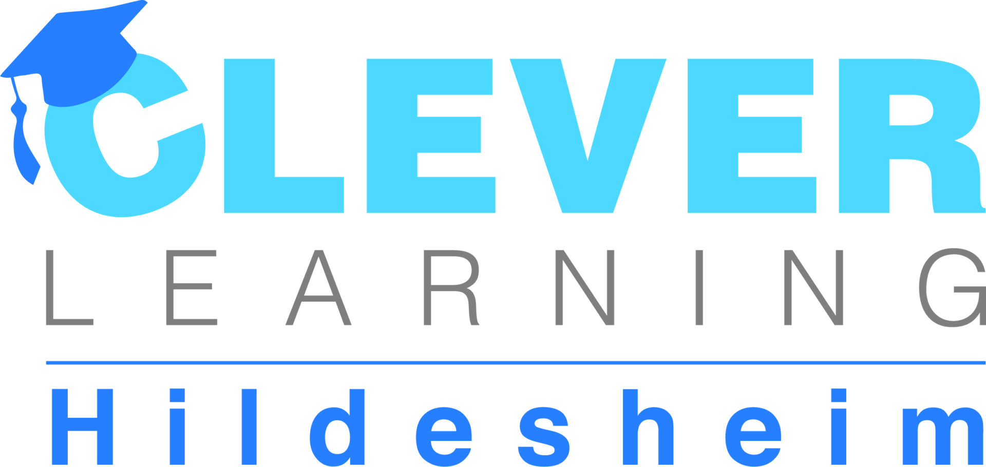 Cleverlearning Hildesheim Logo. Blaues C mit Doktorhut, CLEVER LEARNING Schriftzug.