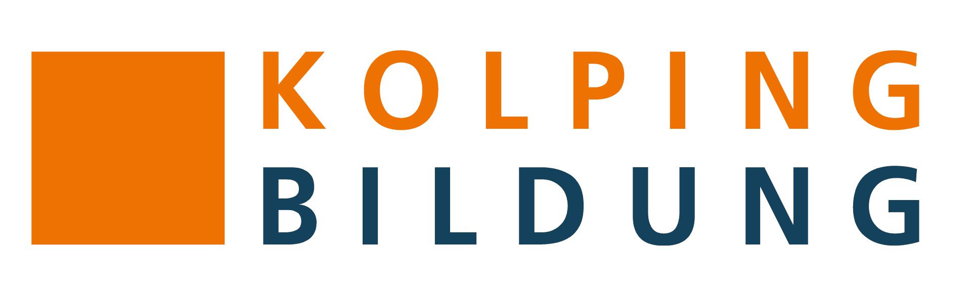 Kolping Bildung Logo. Orangefarbenes Quadrat, Schriftzug Kolping Bildung.