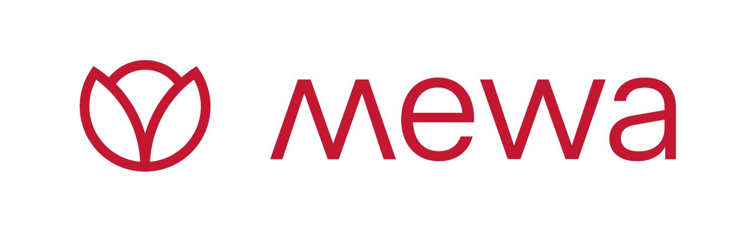MEWA Logo: Rotes stilisierte Blume und Schriftzug MEWA Textil-Service.