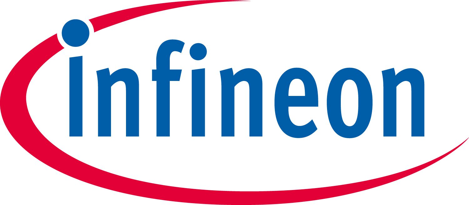 Infineon Technologies AG Logo, IFX_LOGO_RGB. Blaues Firmenlogo mit rotem Bogen.