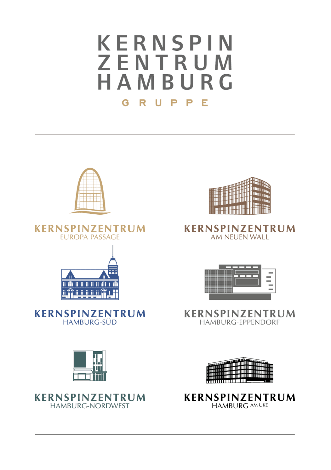 Kernspinzentrum Hamburg Logo Block mit Gebäudesymbolen. Kernspinzentrum Gruppe.