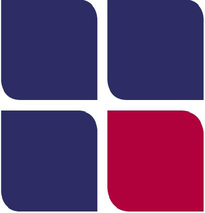 Kanzlei Dr. Koops & Partner Logo: Vier abgerundete Quadrate, drei blau, eins rot. Abstraktes Viereck-Design.