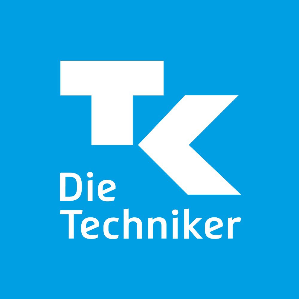 TK-Logo der Techniker Krankenkasse in RGB. Das weiße Logo zeigt ein stilisiertes "TK" auf blauem Hintergrund.