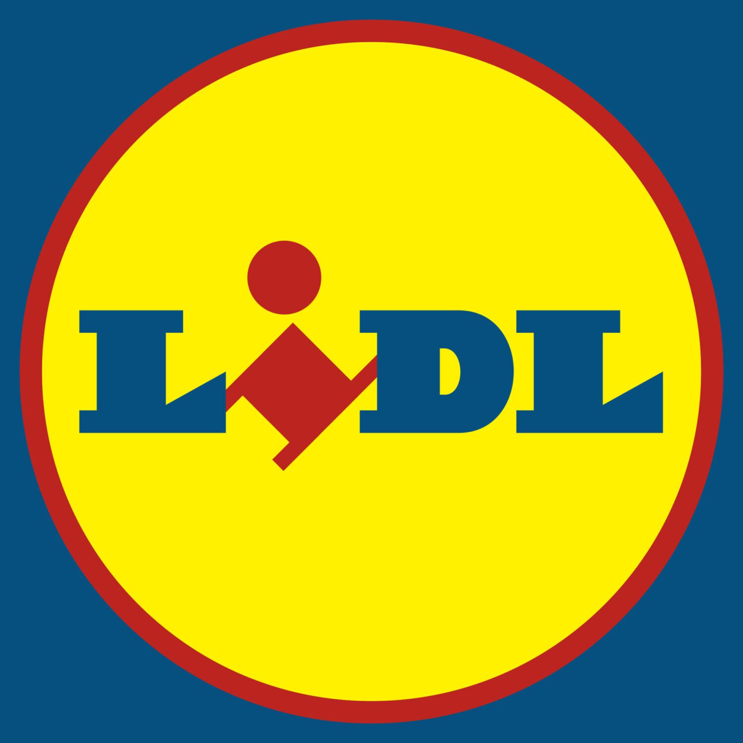 Lidl Logo sRGB: Gelber Kreis mit rotem Rand, blauer Schriftzug Lidl, roter Punkt und rotes Quadrat.