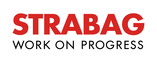 STRABAG Rail GmbH Logo: Roter Schriftzug STRABAG über WORK ON PROGRESS.