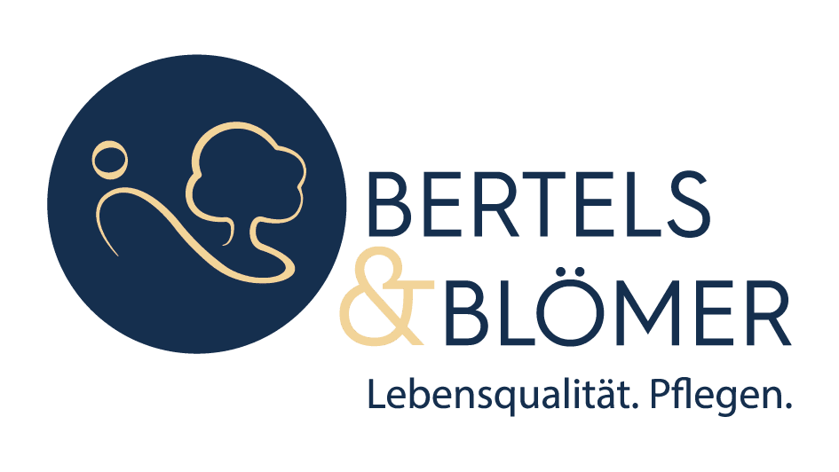 Logo Bertels und Blömer: Abstraktes Symbol und Schriftzug, Lebensqualität. Pflegen. St. Anna-Stift Kroge.