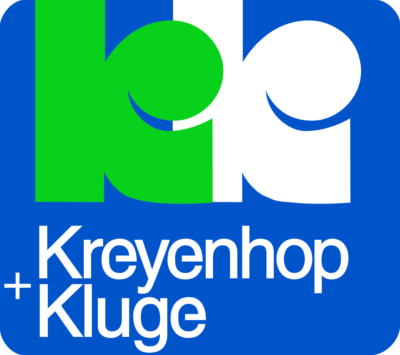 Kreyenhop & Kluge GmbH & Co. KG Logo: Stilisiertes KK-Signet in Grün und Weiß auf blauem Grund, Firmenname darunter.