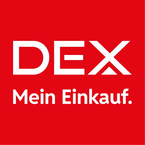 DEX eG Profilbild rot: DEX Logo in Weiß auf rotem Hintergrund mit dem Slogan Mein Einkauf.