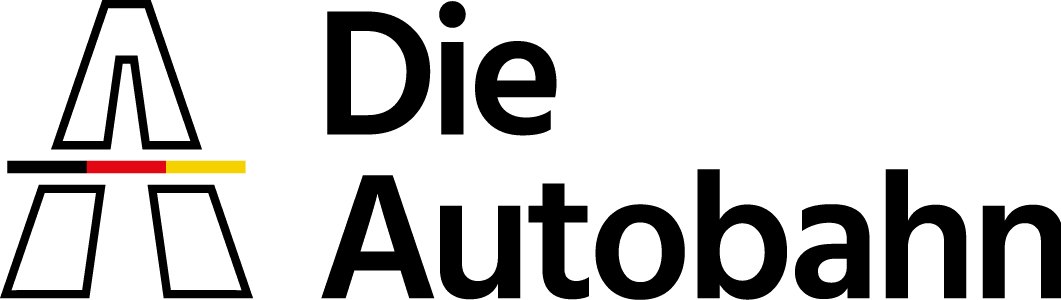 Die Autobahn GmbH des Bundes Logo Farbe: Schwarze Schrift und stilisiertes A mit deutschen Nationalfarben.