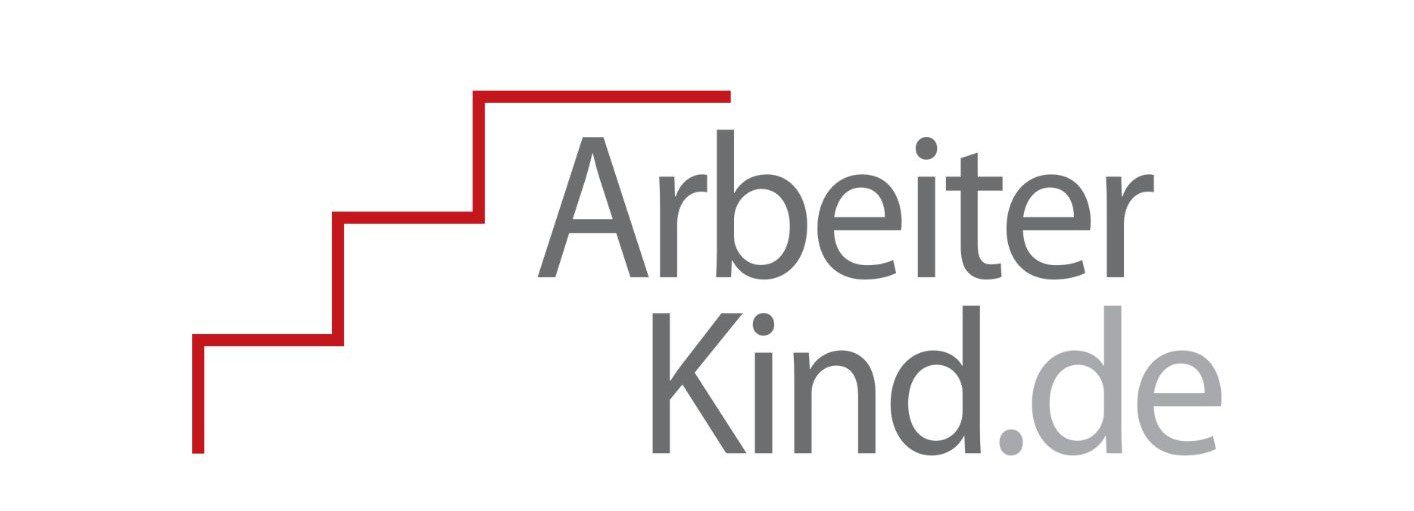 ArbeiterKind.de Logo: Rote stilisierte Treppe neben grauem Schriftzug "ArbeiterKind.de" für Arbeiterkinder gGmbH.