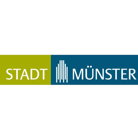 Logo der Stadt Münster: Schriftzug auf grün-blauem Hintergrund, mit stilisierter Skyline.