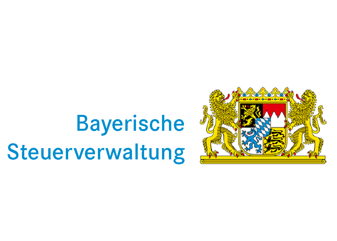 Logo der Bayerischen Steuerverwaltung mit bayerischem Wappen, flankiert von Löwen.