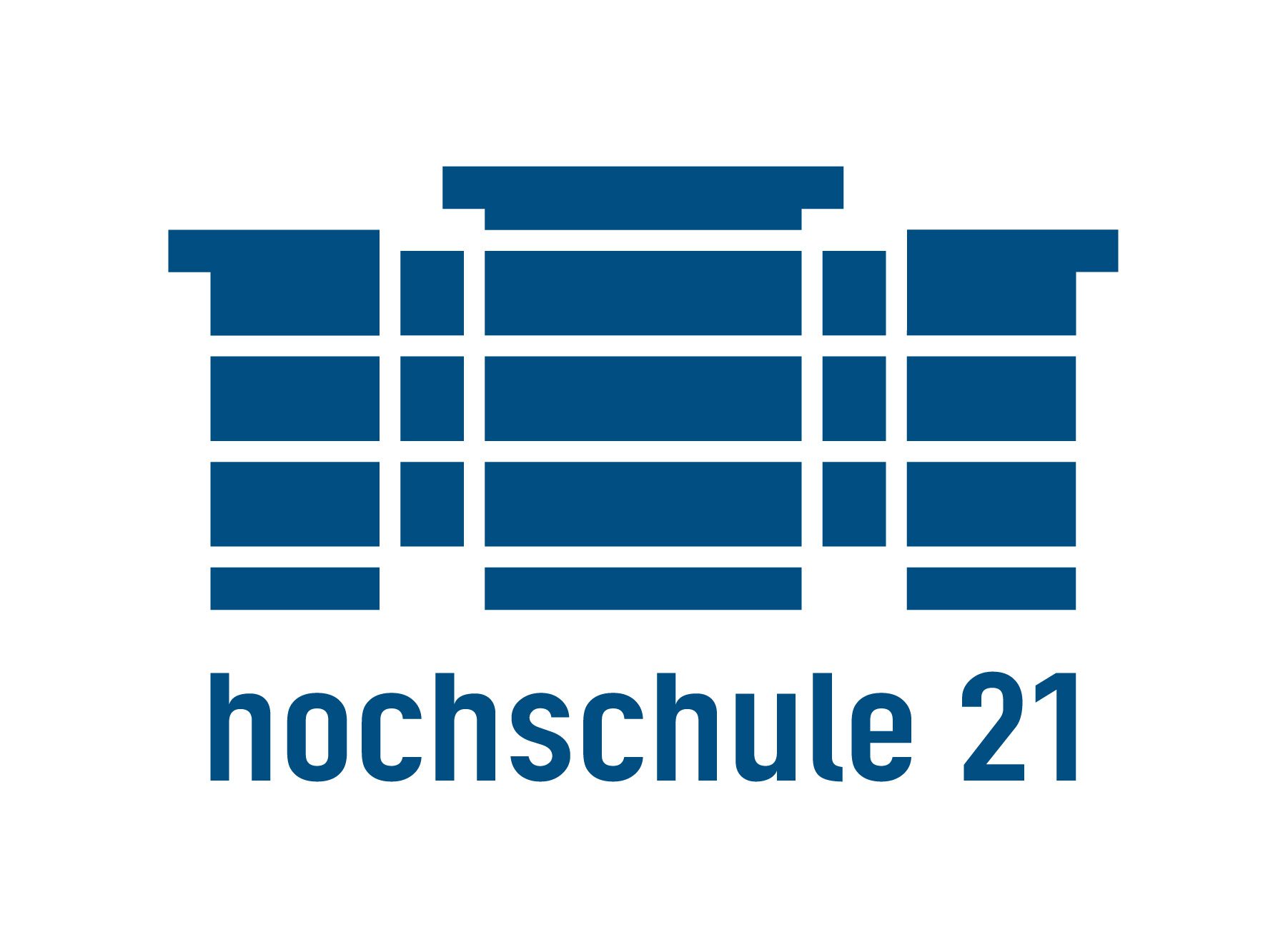 Das HS21 Logo in blau zeigt ein stilisiertes Gebäude und den Schriftzug hochschule 21. Es ist ein positives RGB-Bild mit 600dpi.