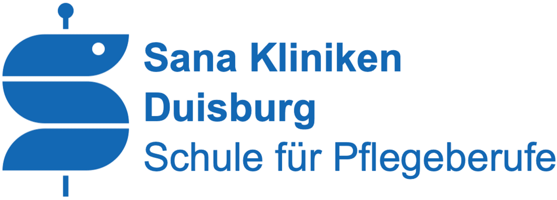 Logo Sana Kliniken Duisburg Schule für Pflegeberufe: Blaues Logo mit stilisiertem "S" und Schriftzug.