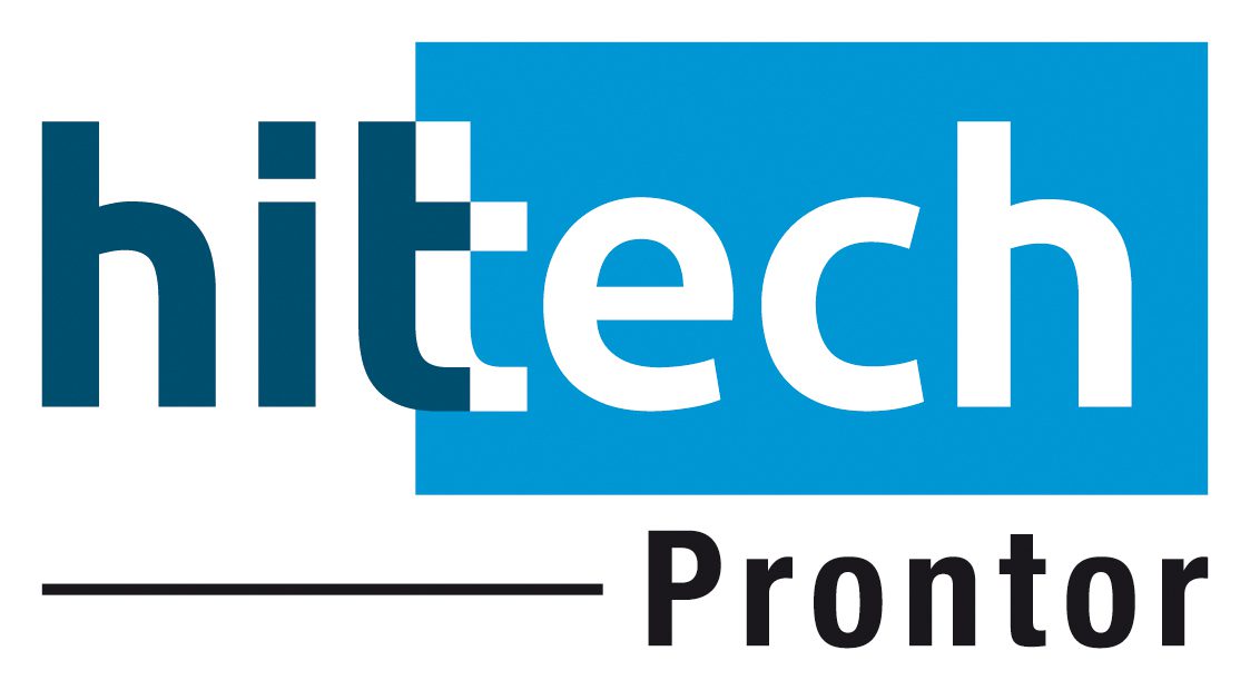 Das Hittech Prontor Logo, bestehend aus blauem und weißem Text auf weißem Hintergrund, intern 2019_10.