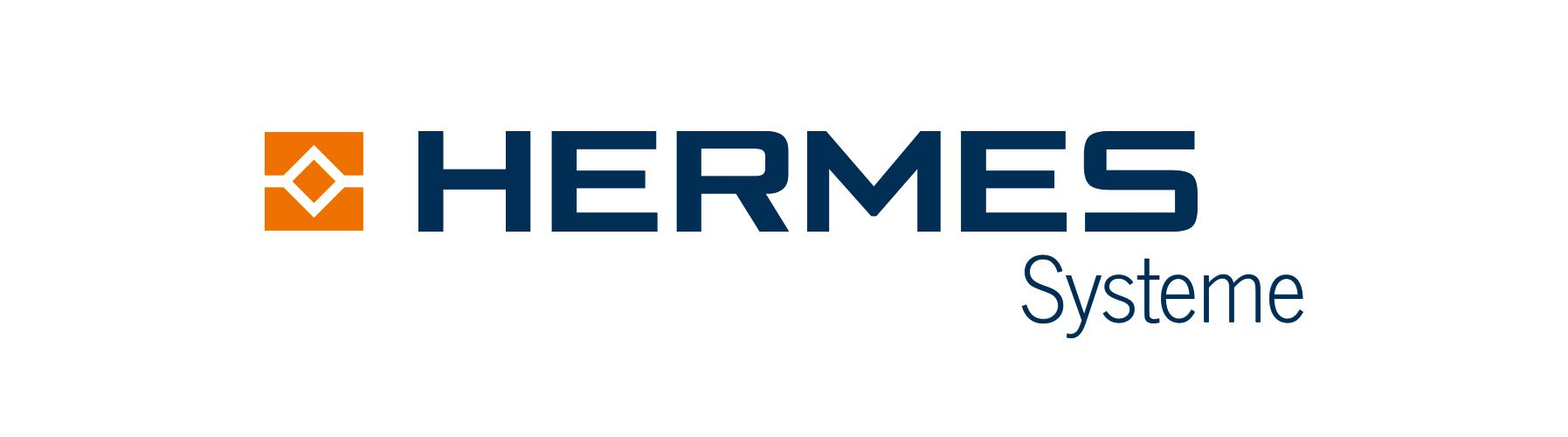 Das Logo der HERMES Systeme GmbH bestehend aus einem orangefarbenen Quadrat mit Raute und dem blauen Schriftzug