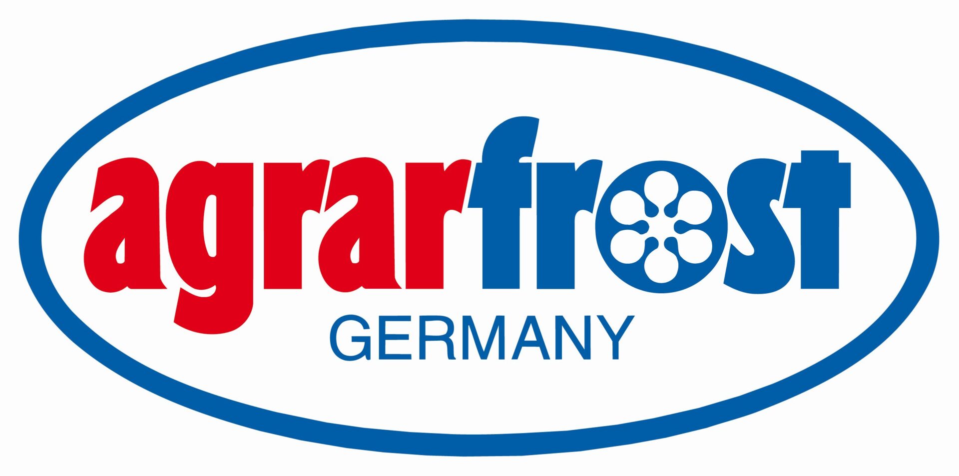 Das Firmenlogo von Agrarfrost mit dem Schriftzug Agrarfrost Germany in einer blauen Ellipse auf weißem Hintergrund
