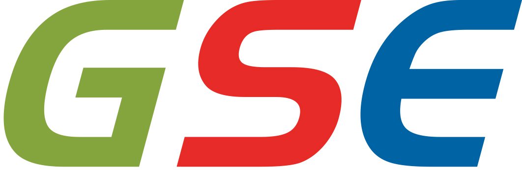 Das GSE Logo mit den Buchstaben G in Grün, S in Rot und E in Blau in einer modernen, kursiven Schriftart.
