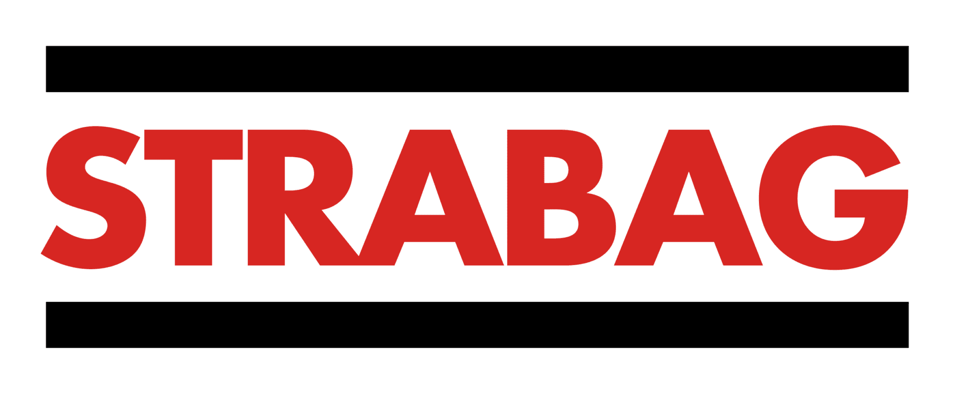 Rotes STRABAG Logo in Großbuchstaben zwischen zwei schwarzen horizontalen Balken auf weißem Hintergrund
