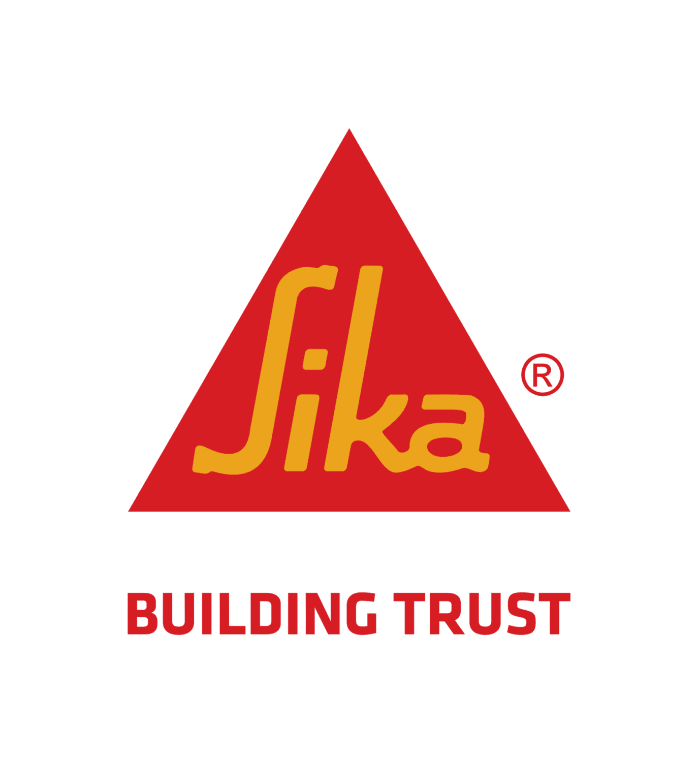 Markenlogo von Sika mit gelbem Schriftzug in einem roten Dreieck und dem Claim Building Trust auf schwarzem Grund