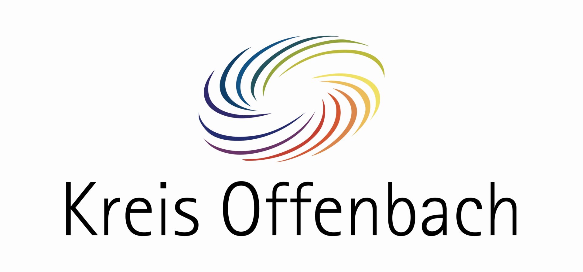 Das Logo des Kreises Offenbach zeigt ein abstraktes, buntes Wirbelsymbol aus geschwungenen Linien mit Schriftzug
